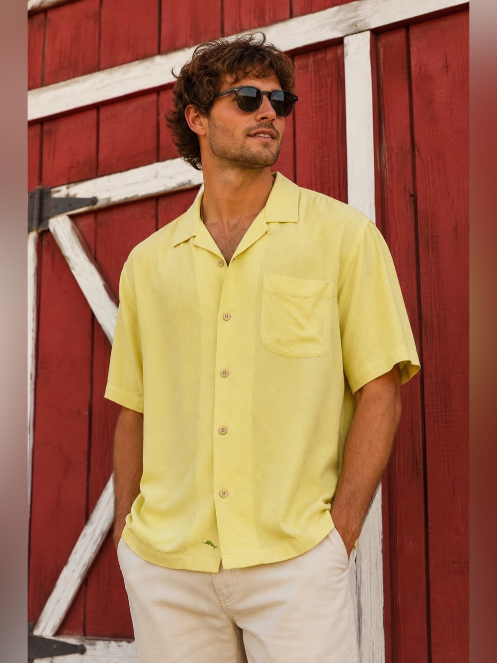 Tommy Bahama Men’s Yellow Silk Camp Shirt Hawaiian Button-Up XL